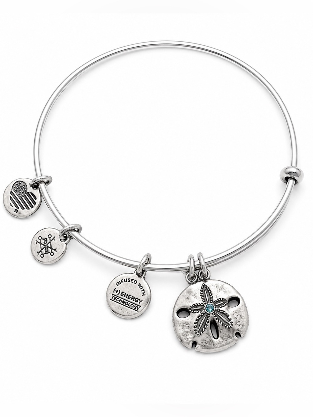 Alex and Ani Silver Sand Dollar Charm Bangle Turquoise Accent NWOT
